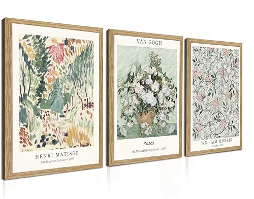 Induslyfe Framed Sage Green Vintage Wall Art Canvas Decor Set of 3, Matisse Wall Art Prints Posters Mid Century Modern Art, Van Gogh Floral Botanical wall art, bathroom, bedroom, living room 12x16 - color: Framed Vintage, size: 12"x16"