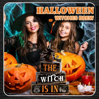 4 Pcs Halloween Witch Table Decor for Home Witch Is in Wooden Block Sign - style: Witch and Black Cat