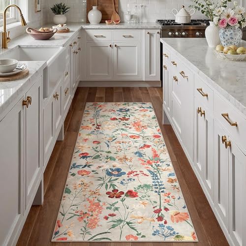PureCozy Washable Floral Runner Rug 2x6 for Kitchen Vintage Beige Carpet - color: Classic Beige, size: 2' x 6' (Runner)