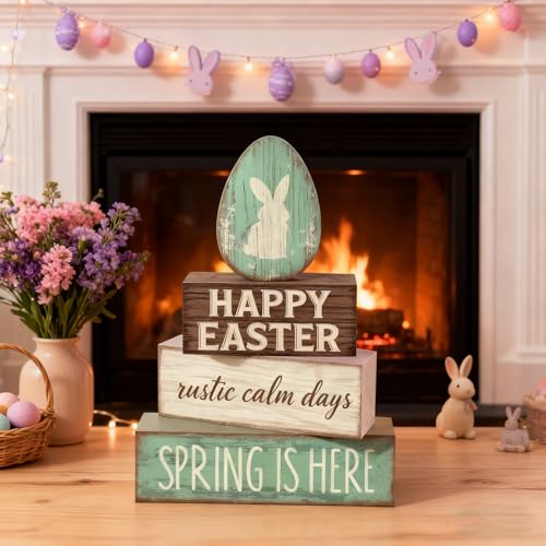 Easter Decorations - Happy Easter Bunny Egg Tiered Tray Decor - Wooden Easter Tabletop Sign - Rustic Farmhouse Spring Home Decor Indoor for Tiered Tray Shelf Mantel Entryway Coffee Table - style: Bunny Egg