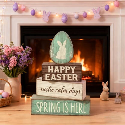 Easter Decorations - Happy Easter Bunny Egg Tiered Tray Decor - Wooden Easter Tabletop Sign - Rustic Farmhouse Spring Home Decor Indoor for Tiered Tray Shelf Mantel Entryway Coffee Table - style: Bunny Egg
