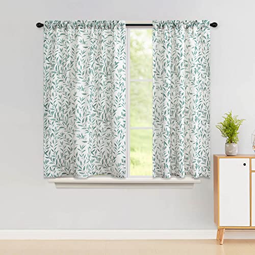 VOGOL Faux Linen Short Curtain, Blue Leaf Pattern Drapes, 42 x 45, 2 Panels - color: Blue, size: 42"W x 45"L (Pack of 2)