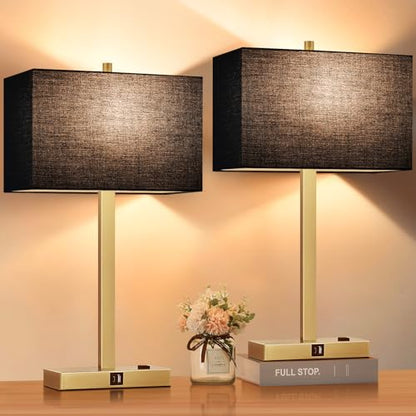Lynnoland 21" Set of 2 Bedside lamp with USB A+C & AC Outlets, Touch Control 3-Way Dimmable Nightstand Lamps for Bedroom Living Room Office Reading, Black Shade Touch Lamps, 3000K LED Bulbs Included - color: Black Line & Gold
