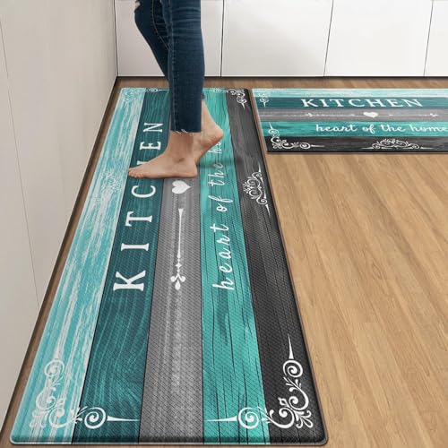 Arttown Anti-Fatigue Kitchen Rug Set of 2, Waterproof Non-Slip, Teal Green - color: Teal Black Kitchen Mat, size: 17.3 x 47 inch + 17.3 x 29 in