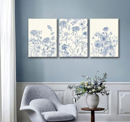 Blue Botanical Canvas Wall Art, 3 Piece Gallery Wrapped Set, 16x24 Inch - color: Blue flowers and grass, size: 16x24 inch