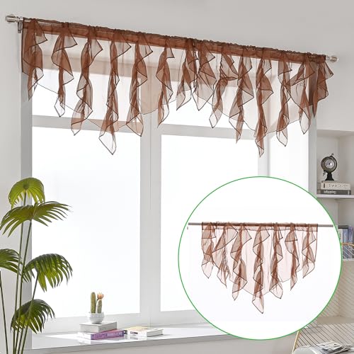 PearAge Ruffled Voile Semi Sheer Curtain Valance, Kitchen Living Room Shabby Chic Ruffle Valance Curtains, Girls Daughters Bedroom Cascade Window Valance 52x26 Inches (Brown-Triangle) - color: Brown