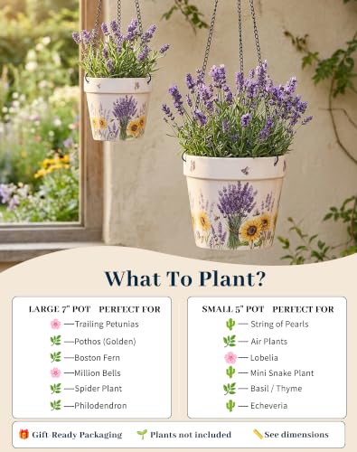 Stoneware Hanging Planters Set of 2, Large 7" + Small 5" - color: Set 2-lavender Fields
