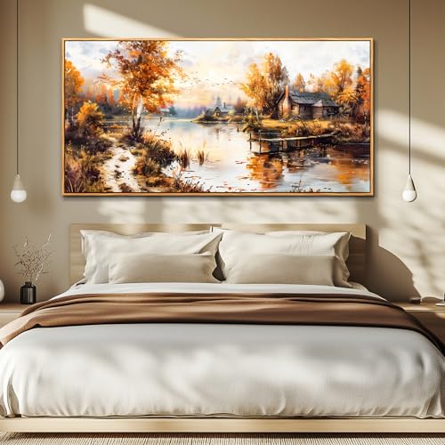 QIYILEXWART Canvas Wall Art For Living Room Large Wall Decor For Office Bedroom Decorations Lakeside Cabins Autumn Landscape Pictures Farmhouse Painting Artwork Room Wall Mural Home Decor 30x60 In - color: Lakeside Cabins Autumn Print, size: 60"L x 30"W