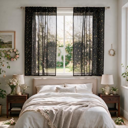 Horaldaily 2Pcs Black Sheer Curtains 52x63in, Gold Sequin Star, Halloween - color: Black and Gold, size: 52"W x 63"L (Pack of 2)