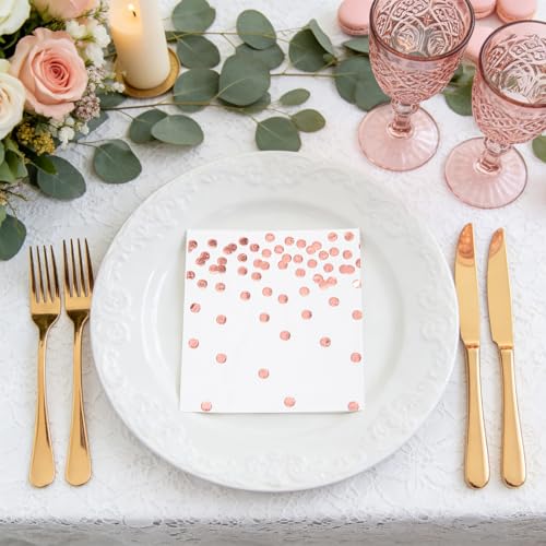 80 Pack of White Paper Cocktail Napkins with Gold Foil Polka Dot Confetti，Polka Dot Party Supplies(5 x 5 in，3-ply) (Rose Gold) - style: Pink Dot