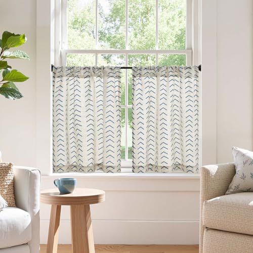 jinchan Blue Boho Linen Kitchen Tier Curtains 24 Inches Rod Pocket 2 Panels - color: Arrow | Blue on Linen, size: 26"W x 24"L (Pack of 2)