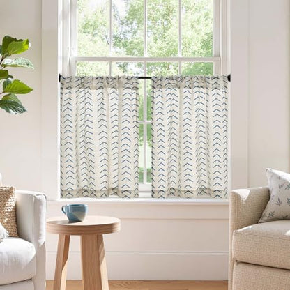 jinchan Blue Boho Linen Kitchen Tier Curtains 24 Inches Rod Pocket 2 Panels - color: Arrow | Blue on Linen, size: 26"W x 24"L (Pack of 2)