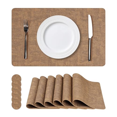 NCUE Vinyl Placemats Set of 6, 17"x12" Wipeable Place Mats with Coasters - color: Light Brown, size: Set of 6