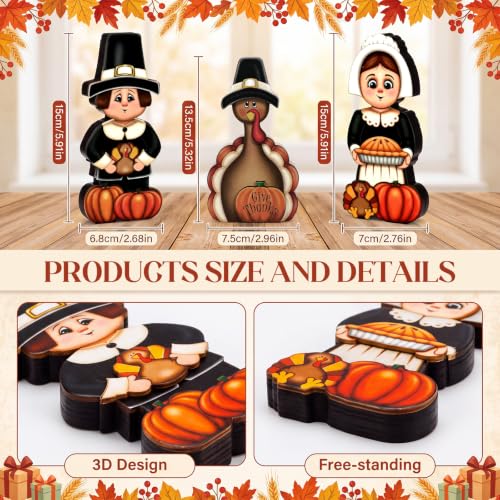 GlikCeil 3 Pcs Thanksgiving Table Decorations Wooden Pilgrim Turkey Sign - style: Thanksgiving Day