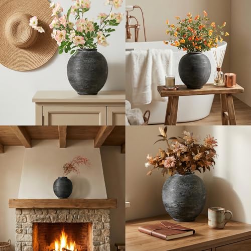 Black Ceramic Flower Vase, 9.8" H, Black Bronze Glaze - color: Deep Charcoal Black-9.8", size: 9.8"-Oval