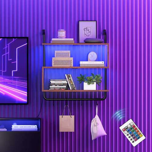 HOOBRO Floating Shelves with LED Lights, 29.5" LED Wall Mounted Shelf - color: Rustic Brown + Black
