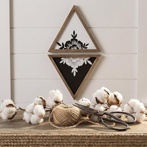 flangairy Floral Wall Decor Wooden Botanical Wall Art Framed Boho Wood Geometric Triangles Black White Bedroom Bathroom Room Home Decorations