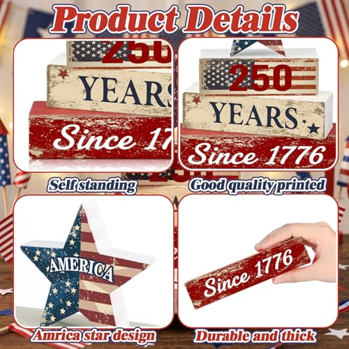 Amyhill 250th Anniversary Decorations Patriotic Wood Block Signs Table Centerpiece 1776-2026 Stars Stripes Tiered Tray Decor for 4th of July Independence Day Home Kitchen Office - style: American Star