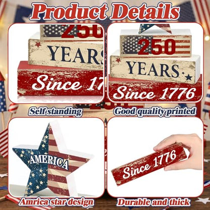 Amyhill 250th Anniversary Decorations Patriotic Wood Block Signs Table Centerpiece 1776-2026 Stars Stripes Tiered Tray Decor for 4th of July Independence Day Home Kitchen Office - style: American Star