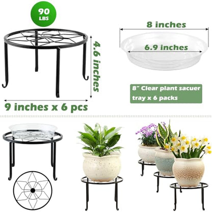 6-pack 9" Large Metal Plant Stands Indoor Outdoor Rustproof Iron Potted Plant Holder Heavy-duty Round Flower Pot Riser Shelf for Garden Patio Corner Stand with Clear Water Tray - size: 6 Pack (9 inch)