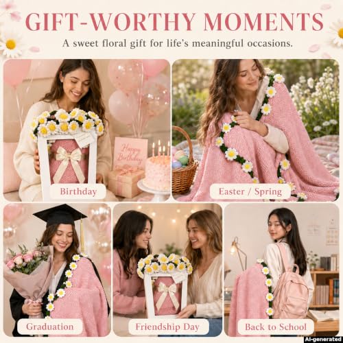 Daisy Crochet Flower Bouquet Blanket, Handmade Knitted Throw Blanket - color: Pink Daisy, size: Medium