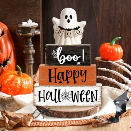 Yousoontic 4 Pcs Halloween Wooden Block Sign, Rustic Farmhouse Decor - style: Halloween Spider