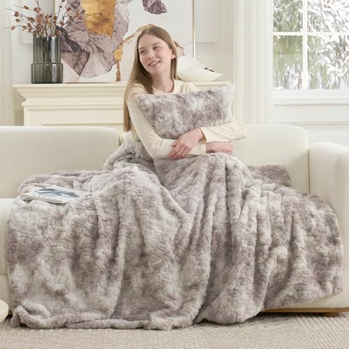 Cozy Bliss Faux Fur Throw Blanket for Couch, Fuzzy Soft Plush Thick Warm Fluffy Reversible Wave Textured Blanket for Sofa Bedroom Living Room, 55 * 70 Inches Tie-dye Grey - color: Tie-dye Grey, size: Throw(55" x 70")