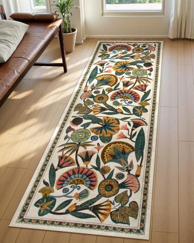 Zealude Egypt Floral Washable Bathroom Runner Rug for Kitchen Floor,2x8 Boho Rug Runners for Hallways Entryway,Vintage Non Slip Soft Throw Carpet for Laundry Room Entrance (Beige,2'6''x8') - color: Beige, size: 2'6'' x 8'(Runner)