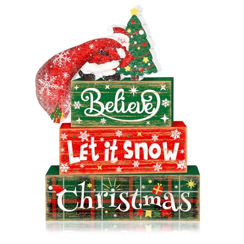 Britimes Christmas Tiered Tray Decor Set, 4 Pack, Wooden Table Sign, Santa - style: Santa Christmas Tree