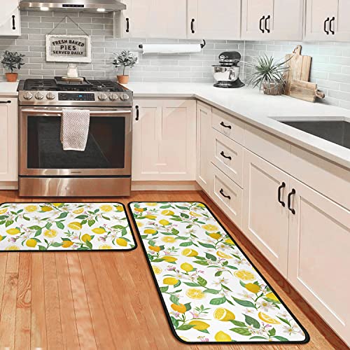 Lemon Kitchen Rugs and Mats Set of 2, Non Slip Washable Kitchen Runner Rug, Fresh Citrus Fruit Kitchen Floor Mats, Farmhouse Kitchen Decor Rug Set for Sink, Laundry Room, 17"x30"+17"x47" - color: Lemon