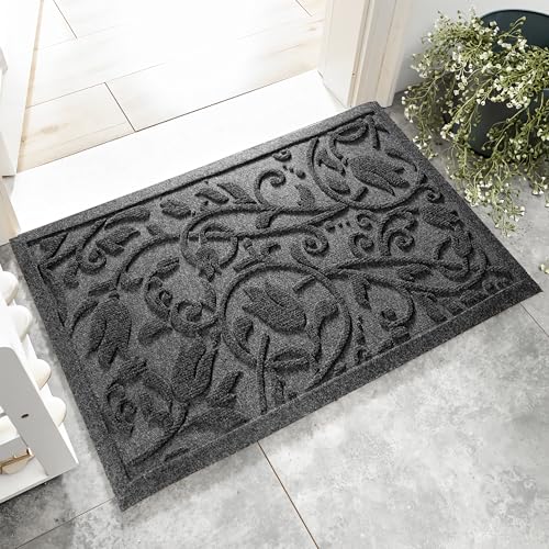 Boho Grey Floral Leaves Outdoor Indoor Entrance Doormats, Absorbent Durable Heavy Duty Welcome Front Door Mat,Thick Natural Rubber Back,Easy Clean Entryway Mat 17x30 Inch, Low Profile - color: Tulip-grey, size: 1'5" x 2'6" (Rectangular)