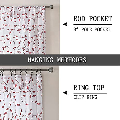 Tollpiz Leaves Sheer Tier Curtain Burgundy Red Leaf Embroidery Kitchen Half Curtains Rod Pocket Voile Faux Linen Embroidered Leaves Curtain for Bathroom, 30 x 36 inches Long, Set of 2 Panels - color: Burgundy Red, size: 30"W x 36"L (Pack of 2)