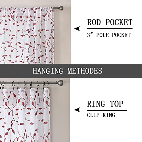 Tollpiz Leaves Sheer Tier Curtain Burgundy Red Leaf Embroidery Kitchen Half Curtains Rod Pocket Voile Faux Linen Embroidered Leaves Curtain for Bathroom, 30 x 36 inches Long, Set of 2 Panels - color: Burgundy Red, size: 30"W x 36"L (Pack of 2)
