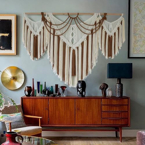 Macrame Wall Hanging Handwoven Geometric Tapestry Woven Decor 47" W*35" L - color: Brown and White