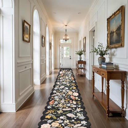 3x20 Hallway Runner Rug Washable: Boho Extra Long 20ft Scalloped Rug Black - color: Black, size: 3' x 20' (Runner)