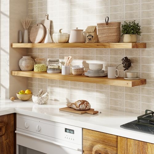 fuqing Floating Shelves for Wall, 55 Inch Rustic Solid Elm Wood Shelves - color: Natural Elm Flat Edge - 6.7"d, size: 55"L - 1Pack
