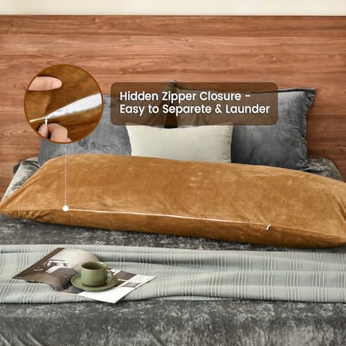 PHF Super Soft Velvet Zippered Body Pillowcase, No Insert, 1 Pack Luxury Cozy Warm Pillow Sham Cover with Zipper, 20"X 54" Long Cozy Fuzzy Flannel Pillow Case, Brownish Camel - color: Brownish Camel, size: 54" x 20" (Pack of 1)