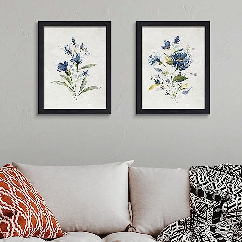 Set of 2 Navy Blue Watercolor Floral Canvas Wall Art 12x16 Inch Black Frame - color: Watercolor Flower Black Frame