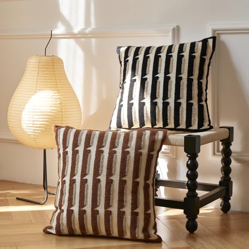 Black Cream Modern Strip Tufted Throw Pillow Covers，Neutral Textured Minimalism Chunky Pillowcases,Bohemian Mid Century Geometric Sham for Couch,1PC,18x18 Inch