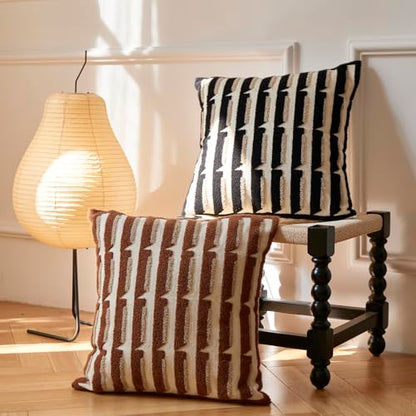 Black Cream Modern Strip Tufted Throw Pillow Covers，Neutral Textured Minimalism Chunky Pillowcases,Bohemian Mid Century Geometric Sham for Couch,1PC,18x18 Inch