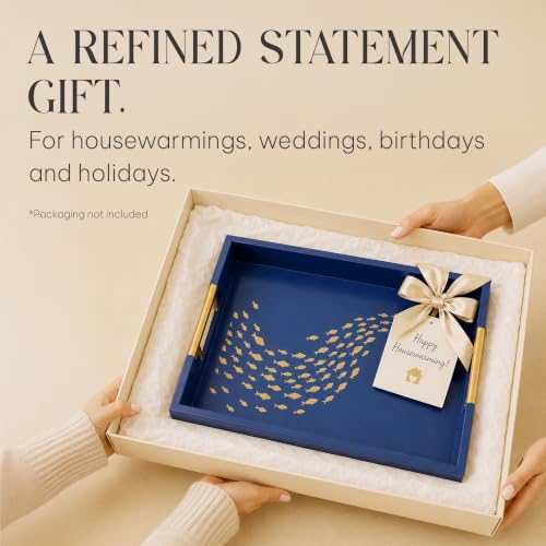 Serving Tray with Gold Fish Design, Navy by Death Decor - style: Navy Blue