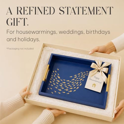 Serving Tray with Gold Fish Design, Navy by Death Decor - style: Navy Blue