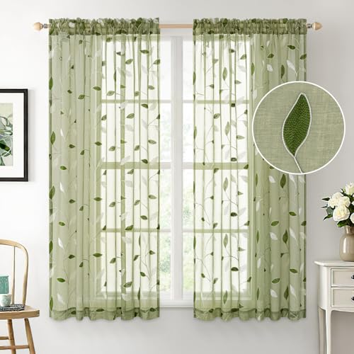 MIULEE Sage Green Sheer Curtains 2 Panels Leaf Patterned, W52 x L63 - color: Sage Green, size: 52"W x 63"L (Pack of 2)