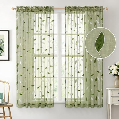 MIULEE Sage Green Sheer Curtains 2 Panels Leaf Patterned, W52 x L63 - color: Sage Green, size: 52"W x 63"L (Pack of 2)
