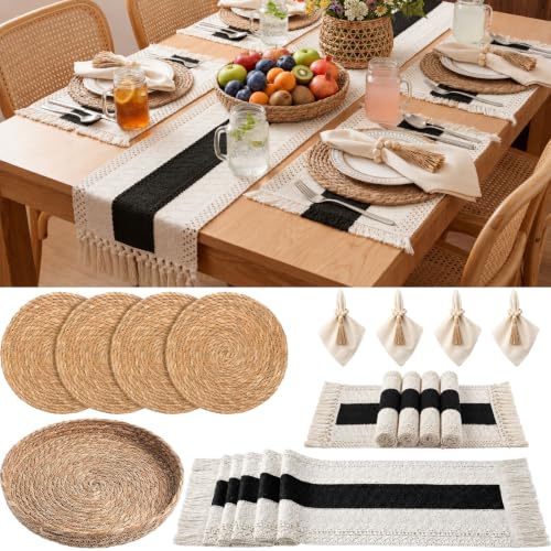 Boho Kitchen Decor Table Runner and Placemats Set, Black, 4 Sets, 12x72inch - color: Black, size: 12x72''