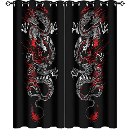 Fantasy Chinese Dragon Curtains - Cool Retro Black Red Japanese Anime Dragon Window Drapes Room Darkening Blackout Curtains Thermal Insulated Grommet Curtains for Bedroom 2 Panels 45L x 21W - color: Fantasy Chinese Dragon, size: 42"W x 45"L (Pack of 1)