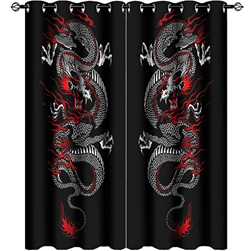 Fantasy Chinese Dragon Curtains - Cool Retro Black Red Japanese Anime Dragon Window Drapes Room Darkening Blackout Curtains Thermal Insulated Grommet Curtains for Bedroom 2 Panels 45L x 21W - color: Fantasy Chinese Dragon, size: 42"W x 45"L (Pack of 1)