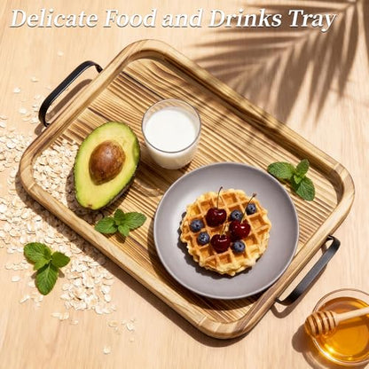 15 Inch Wood Serving Tray with Metal Handles, Sturdy Ottoman Tray - size: 15.3" x 9.3" x 2.5"