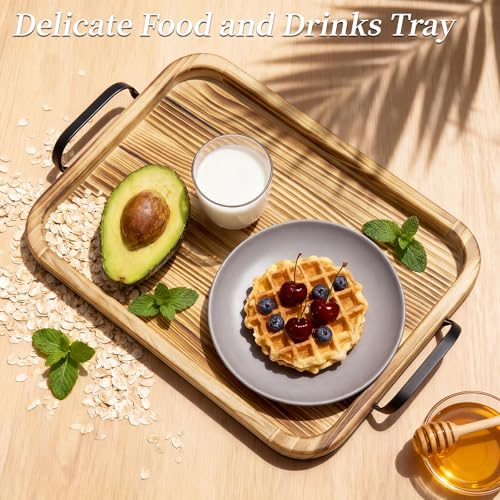 17In Wood Serving Tray with Metal Handles, Rectangular Ottoman Tray - size: 17.3" x 11.3" x 2.5"