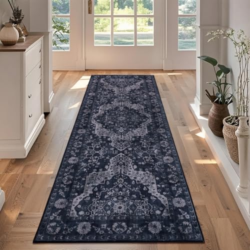 nesrt Boho Runner Rug for Hallway 2x6, Soft Faux Wool Vintage Rugs for Bedroom Washable Non Slip, Low Pile Thin Printed Carpet Runner for Entryway Kitchen Laundry Living Room (Blue) - color: Blue, size: 2' x 6' (Rectangular)